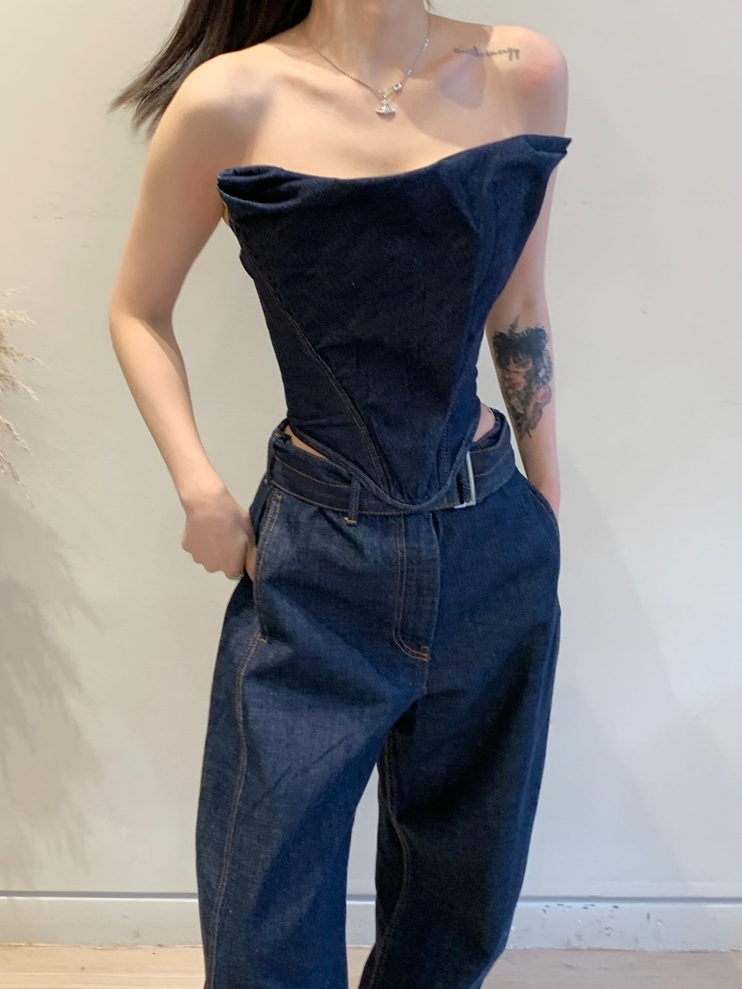 Draped Strapless Denim Corset