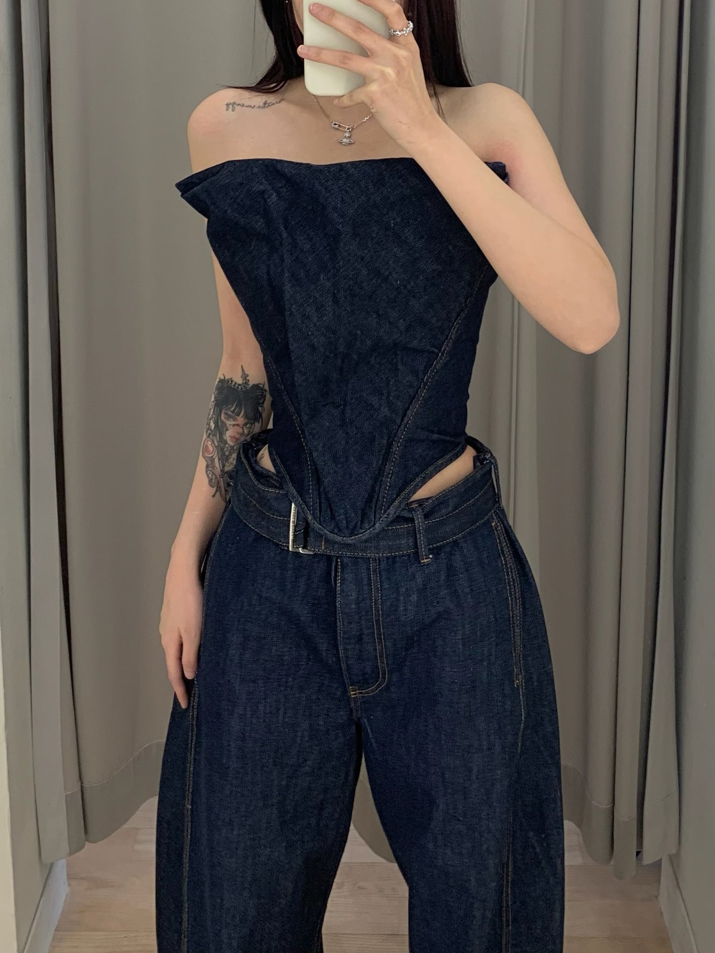 Draped Strapless Denim Corset