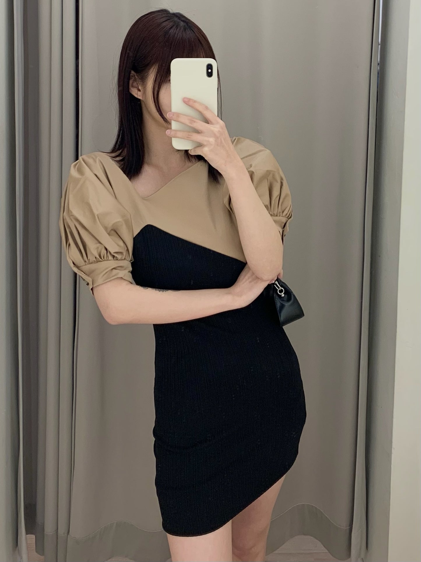 Puffy Sleeve Contrast Dress