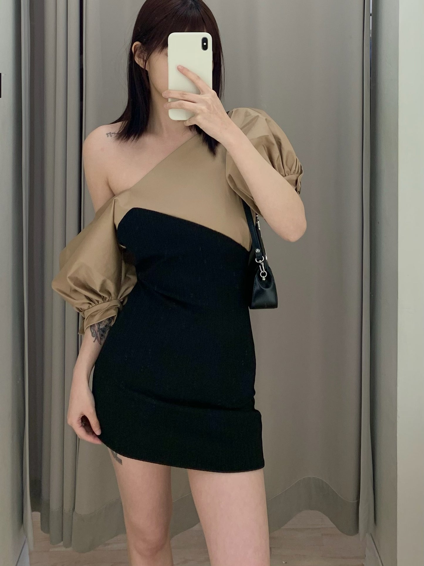 Puffy Sleeve Contrast Dress