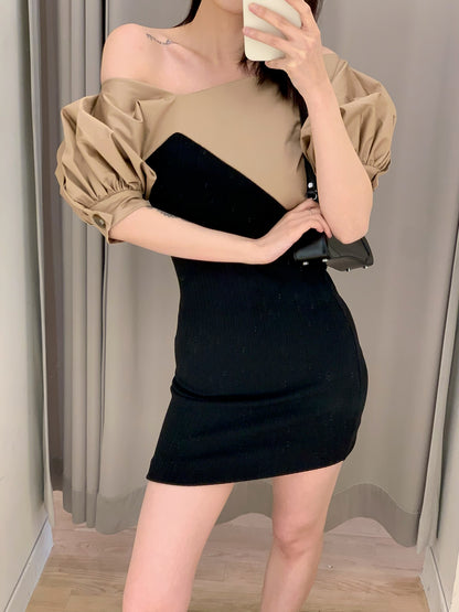 Puffy Sleeve Contrast Dress